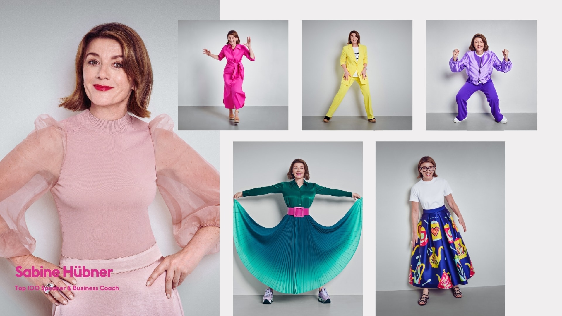 Personal branding collage of Sabine Hübner in colourful outfits and expressive studio poses, photographed by Astrid M. Obert.