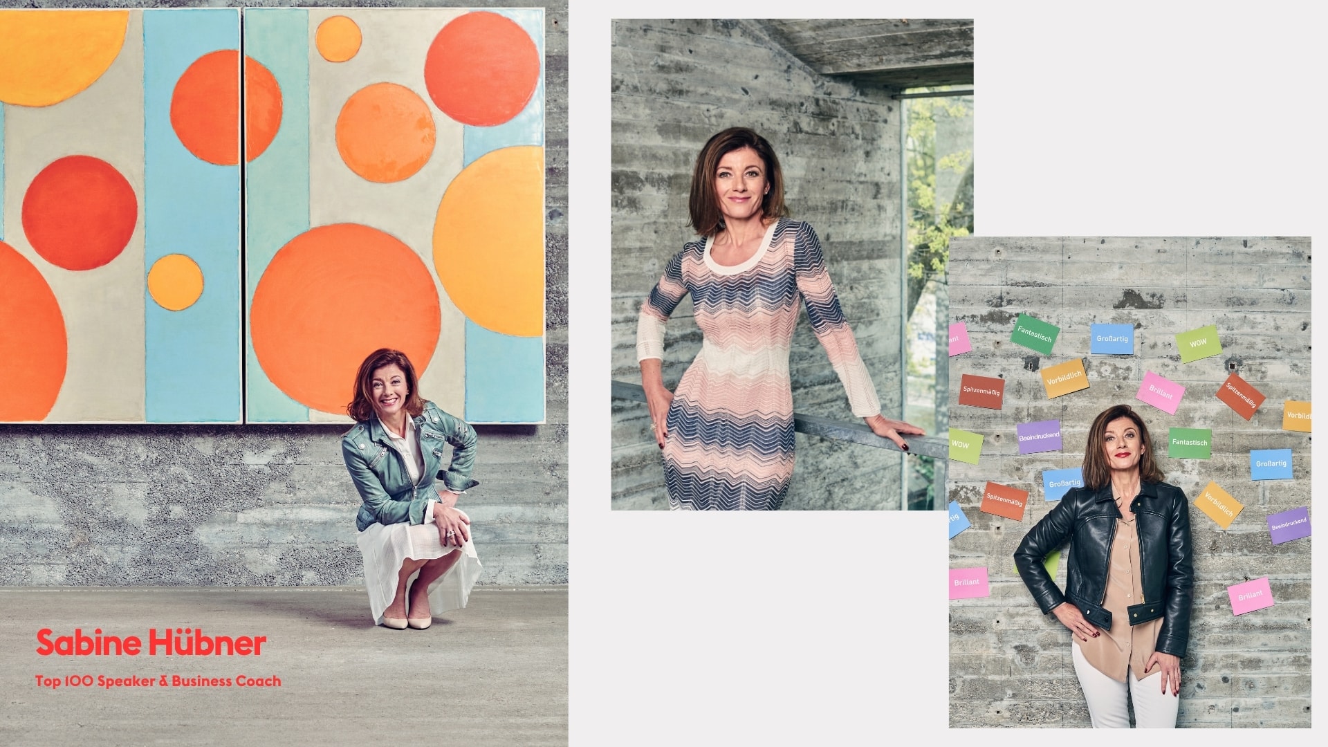 Portrait collage of Sabine Hübner beside colourful artwork and a wall of sticky notes, photographed by Astrid M. Obert.