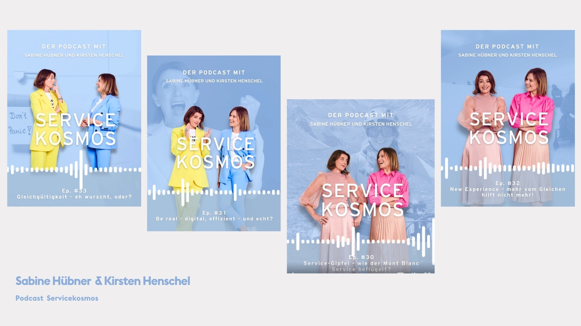 Servicekosmos podcast graphics featuring Sabine Hübner and Kirsten Henschel in colourful suits, with photography by Astrid M. Obert.