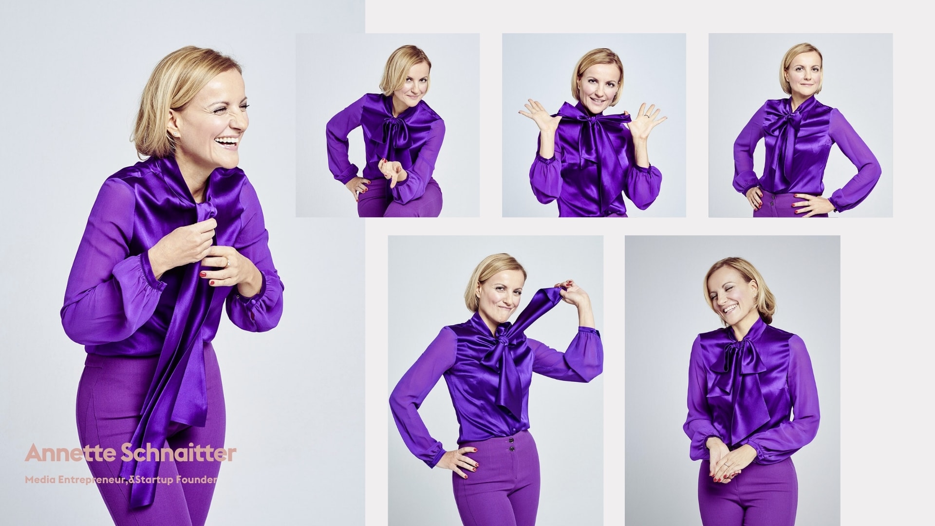 Studio portrait collage of Annette Schnaitter in a purple outfit with varied expressions and gestures, photographed by Astrid M. Obert.