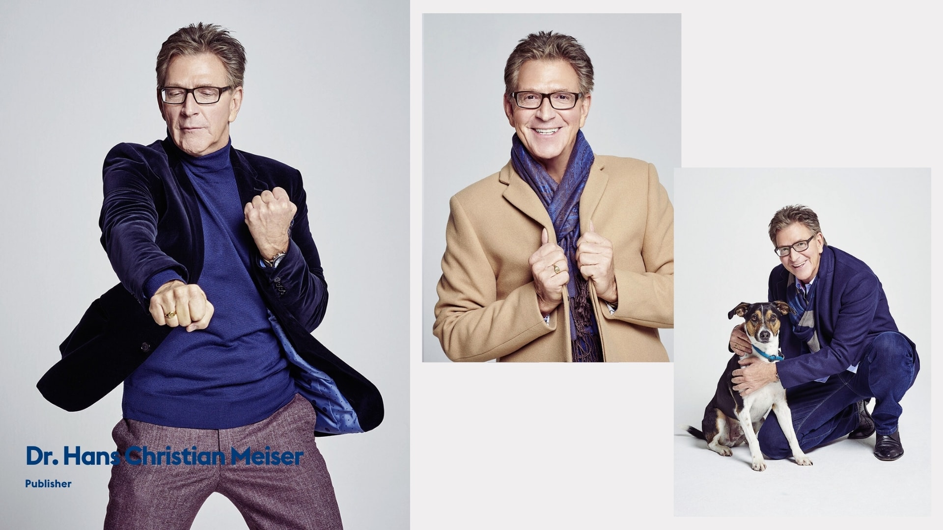 Portrait collage of Dr. Hans Christian Meiser in blue and tan jackets, including a portrait with his dog, photographed by Astrid M. Obert.