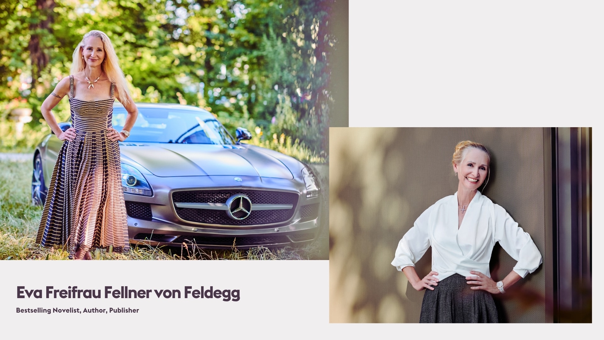 Portraits of Eva Freifrau Fellner von Feldegg beside a convertible and posing in a white blouse, photographed by Astrid M. Obert for Mercedes.