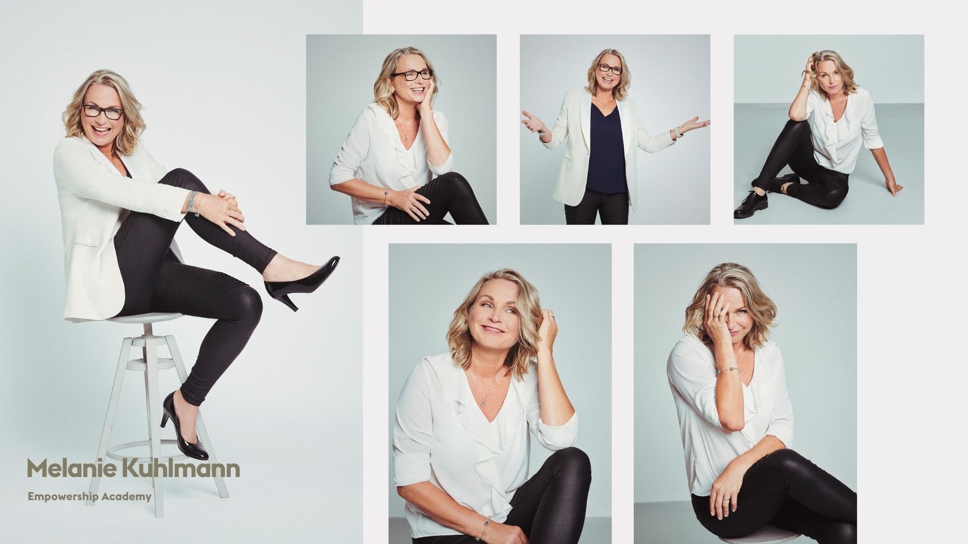 Business portrait collage of Melanie Kuhlmann in white jackets and black trousers, smiling and gesturing, photographed by Astrid M. Obert.