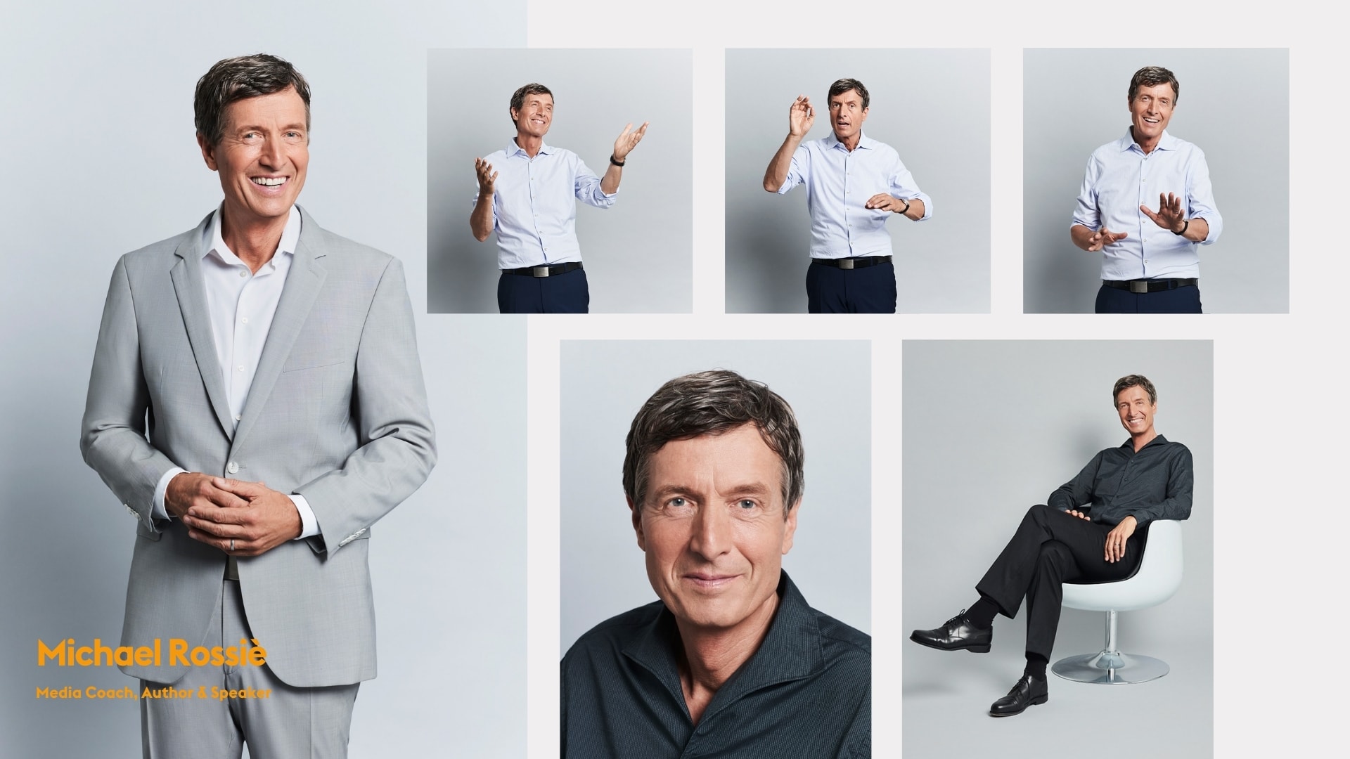 Personal branding studio portrait collage of speaker coach Michael Rossié, photographed by Astrid M. Obert.