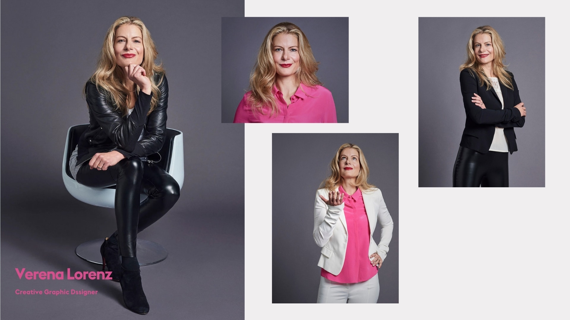 Personal branding studio portrait collage of graphic designer Verena Lorenz, photographed by Astrid M. Obert.