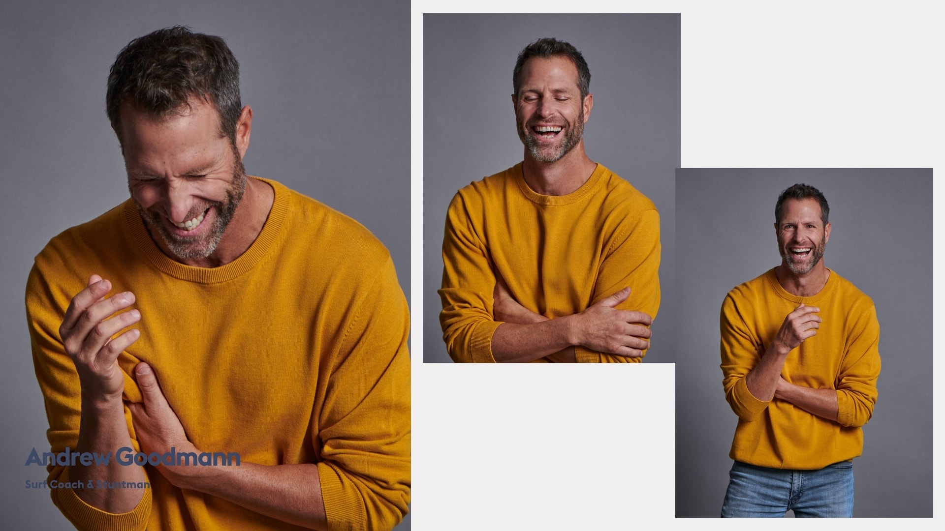 Personal branding studio collage of surf coach and stuntman Andrew Goodmann in a yellow jumper, photographed by Astrid M. Obert.