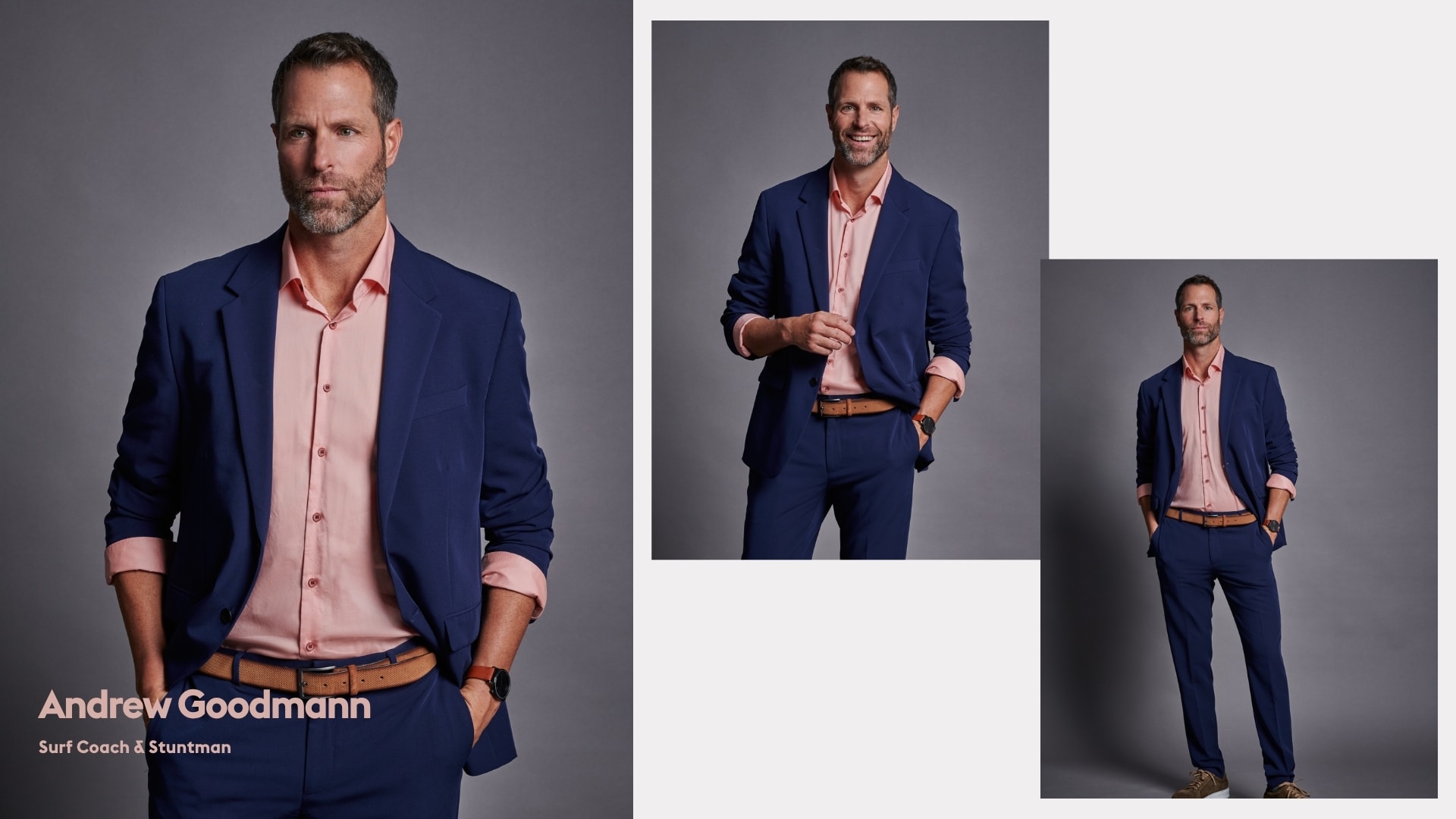 Personal branding studio collage of surf coach and stuntman Andrew Goodmann in a blue suit, photographed by Astrid M. Obert.