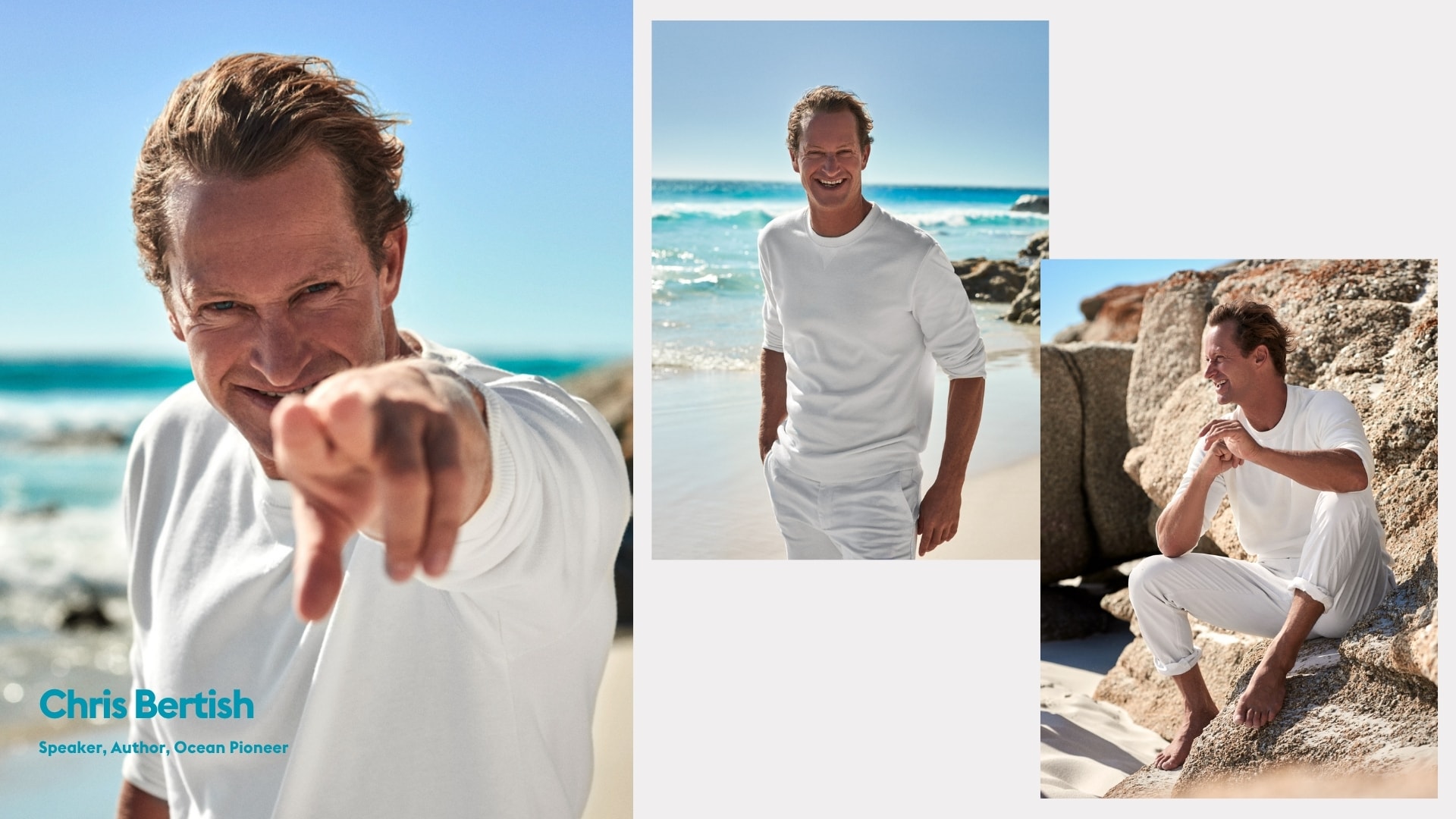 Outdoor personal branding collage of speaker and author Chris Bertish dressed in white on the coast, photographed by Astrid M. Obert.