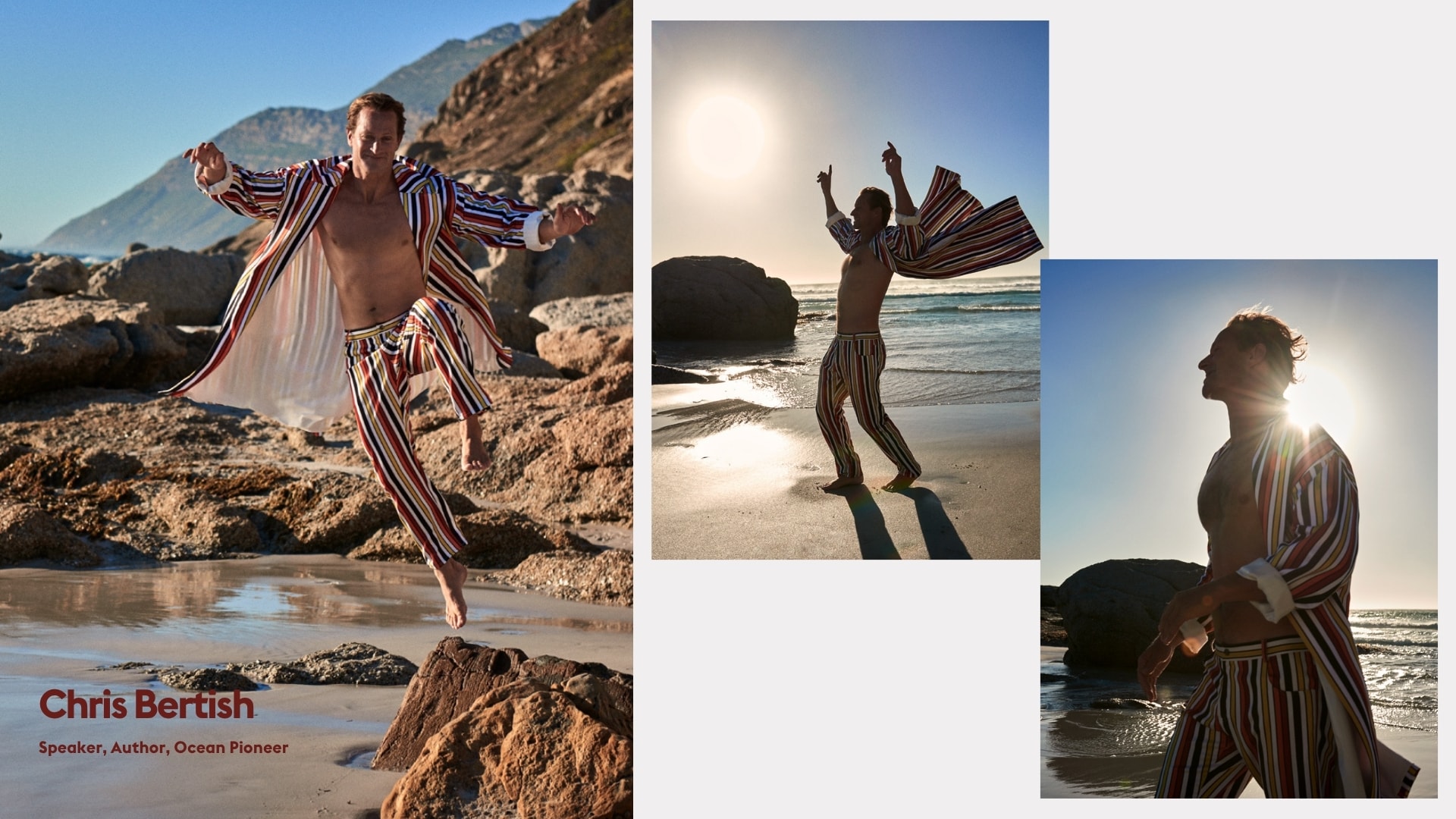 Outdoor personal branding collage of speaker and author Chris Bertish in a colourful striped suit on the coast, photographed by Astrid M. Obert.