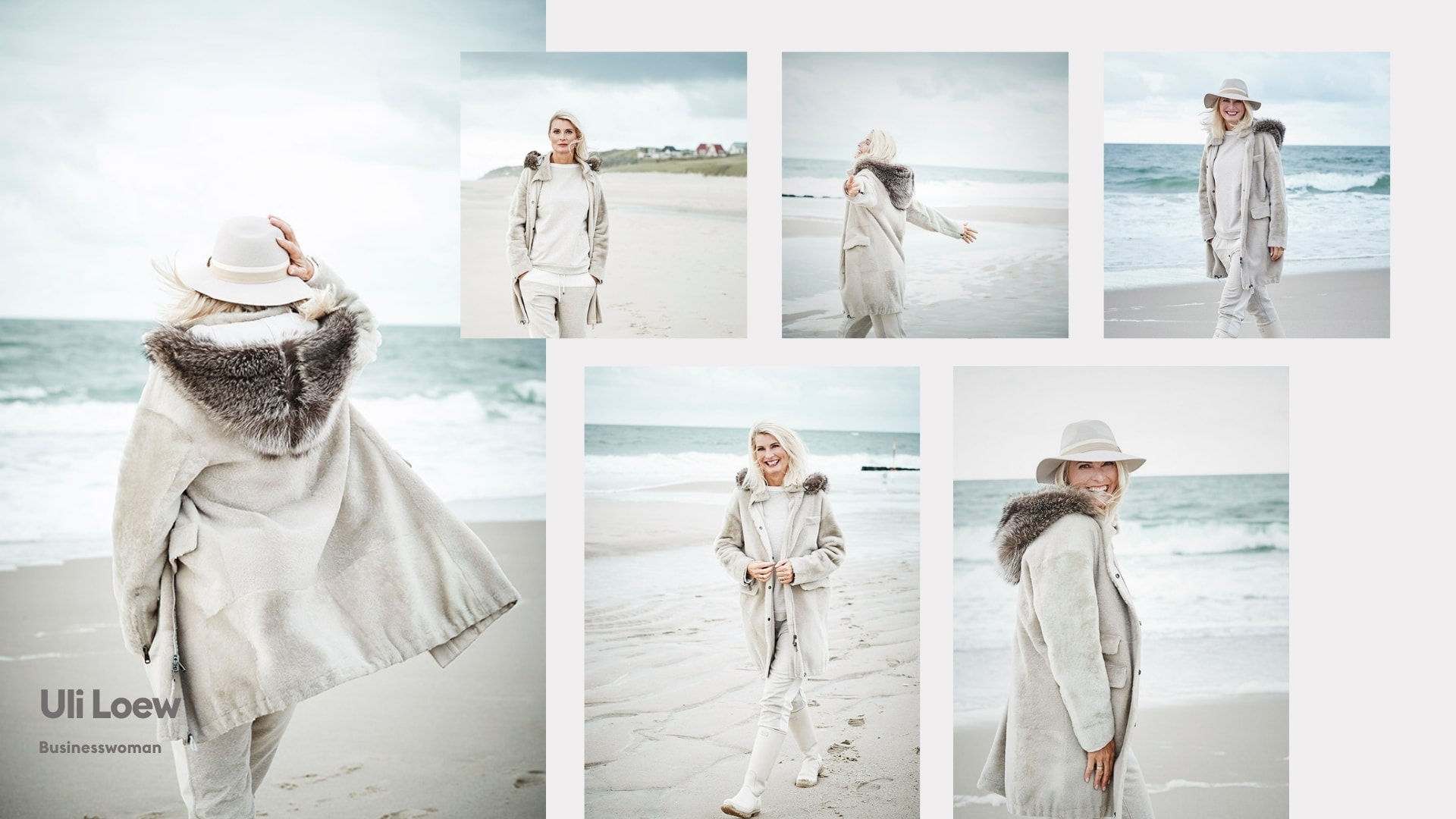 Outdoor personal branding portrait collage of businesswoman Uli Loew on the beach, photographed by Astrid M. Obert.