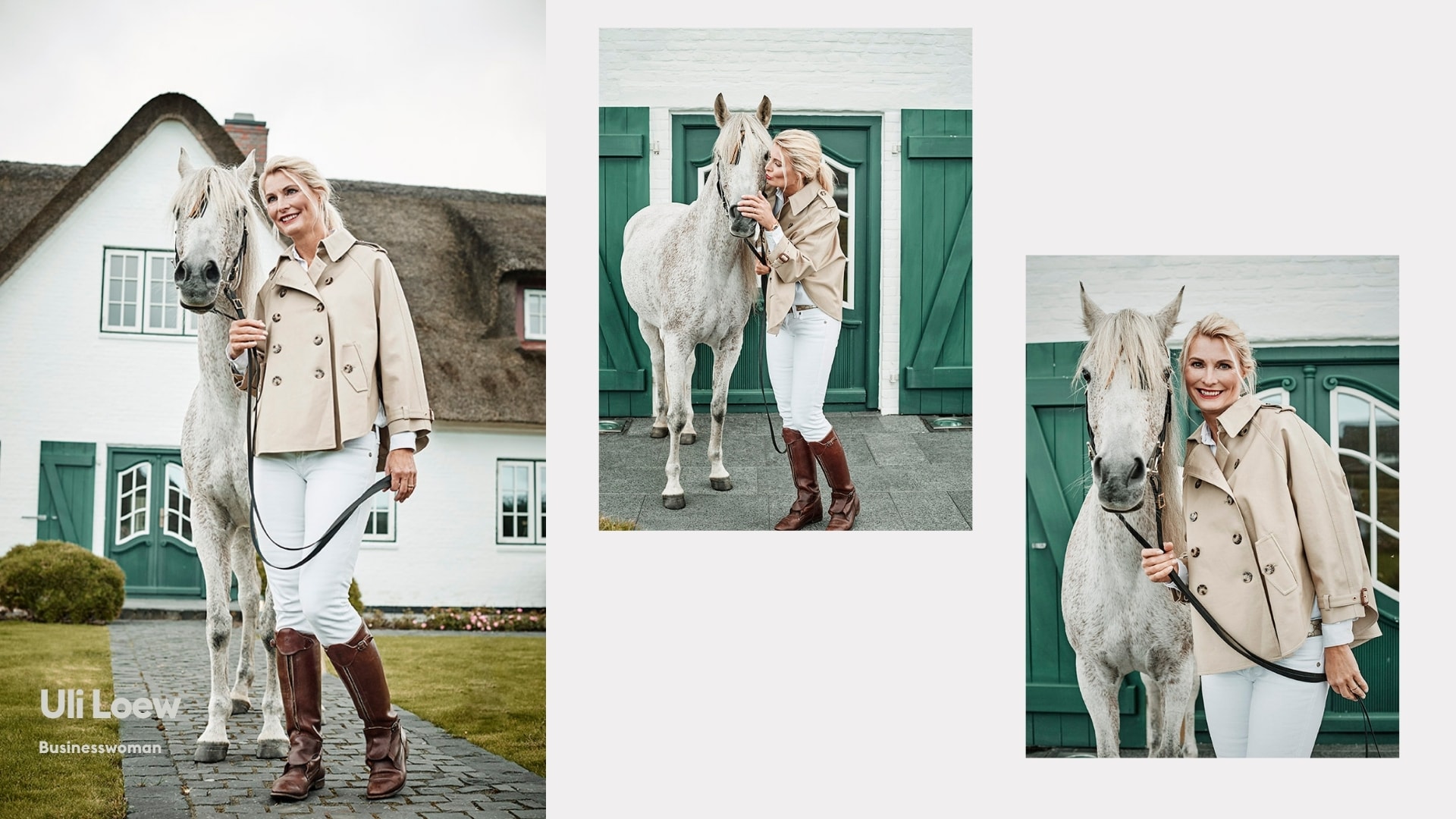 Personal branding portrait collage of businesswoman Uli Loew with a white horse, photographed by Astrid M. Obert.