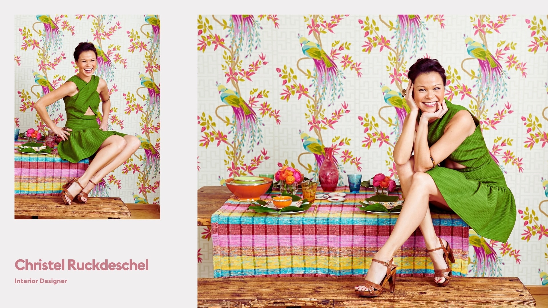 Personal branding portrait collage of interior designer Christel Ruckdeschel in a colourful floral setting, photographed by Astrid M. Obert.