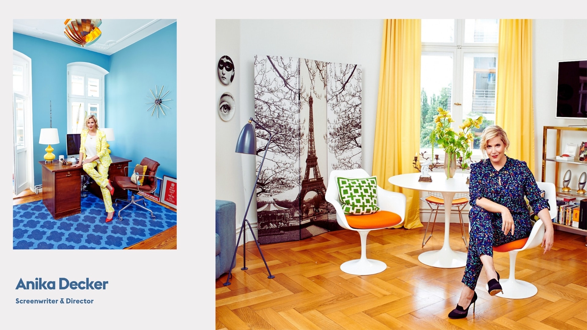 Personal branding portrait collage of screenwriter and director Anika Decker in colourful interiors, photographed by Astrid M. Obert.