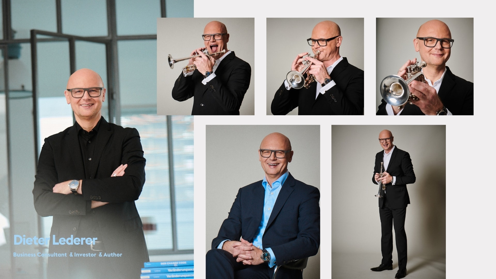 Personal branding portrait collage of business consultant and speaker Dieter Lederer, including portraits with his trumpet, photographed by Astrid M. Obert.