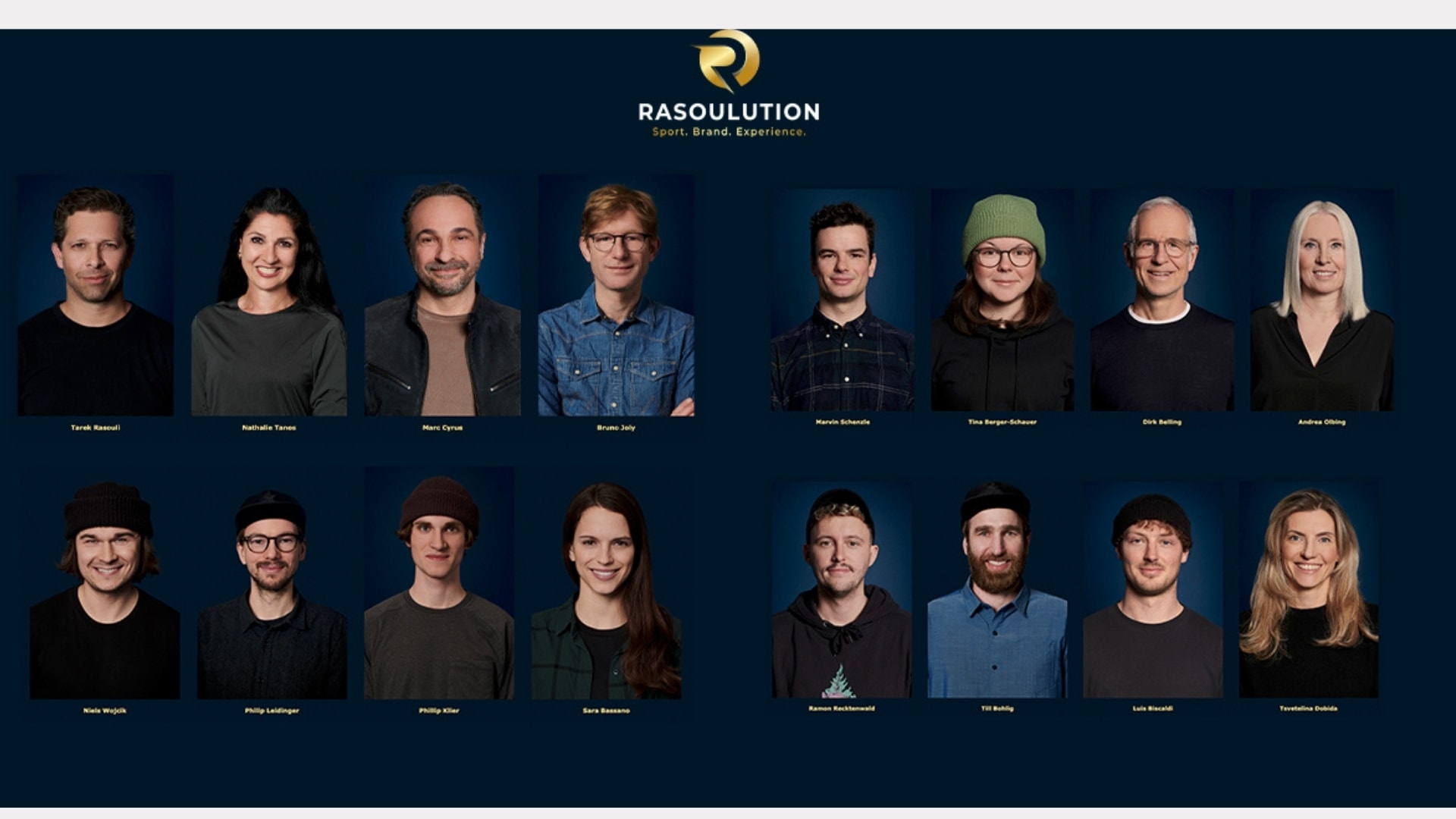 Grid of studio portraits of the Rasoulution sports agency team against a dark blue background, photographed by Astrid M. Obert.