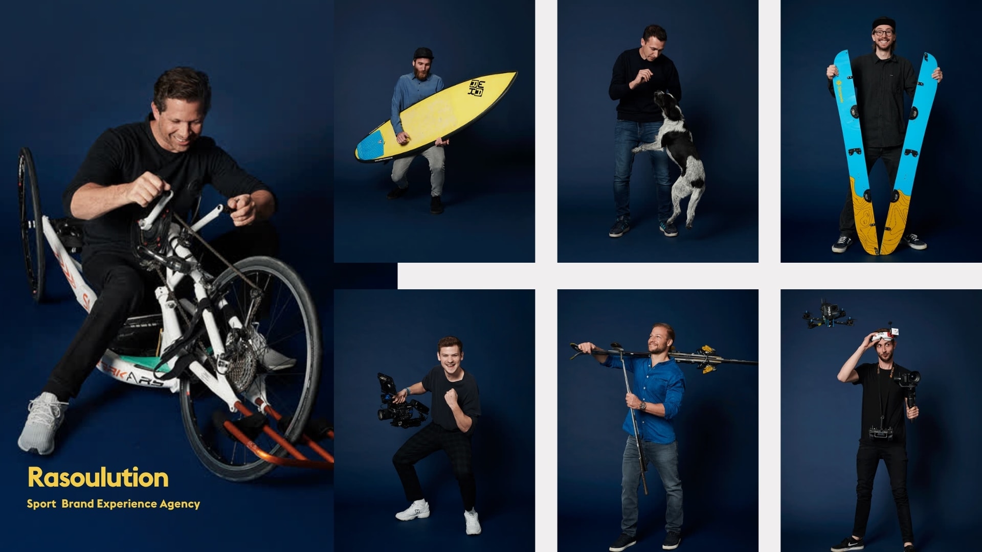 Playful studio portrait collage of the Rasoulution sports agency team with sporting and musical props, photographed by Astrid M. Obert.
