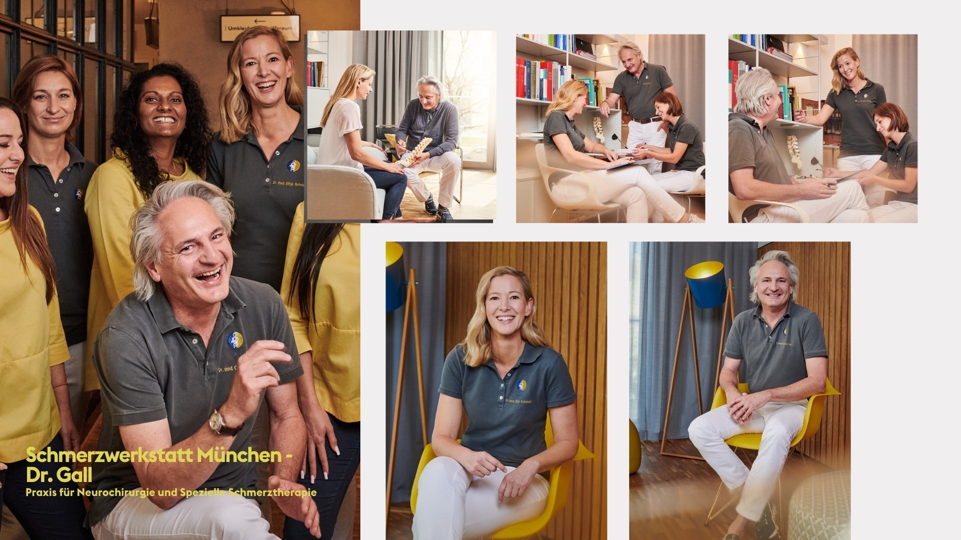 Collage from a medical practice shoot at Schmerzwerkstatt München – Dr. Gall, featuring team portraits and treatment scenes, photographed by Astrid M. Obert.