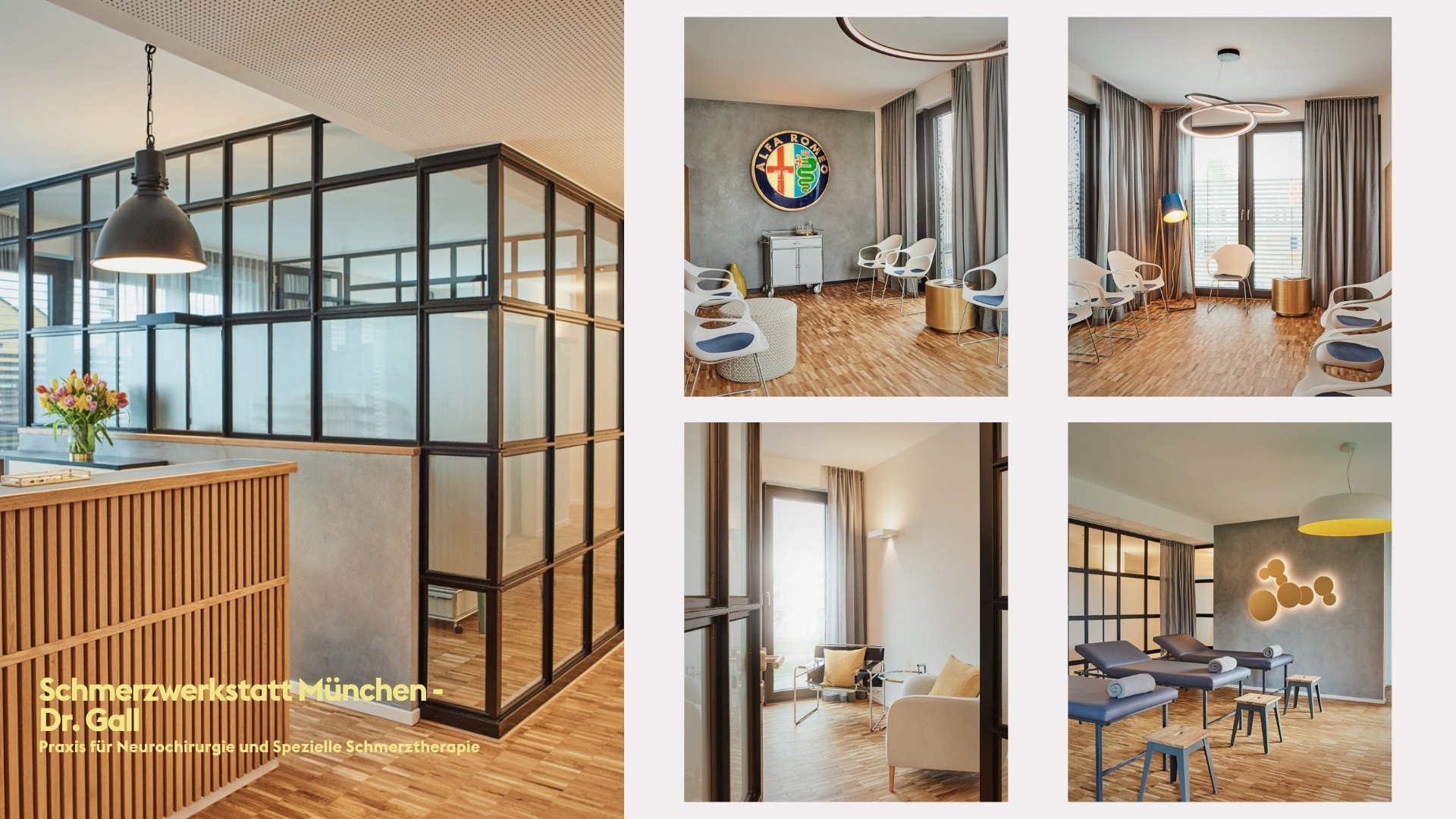 Interior photography collage of the reception and treatment rooms at Schmerzwerkstatt München – Dr. Gall, photographed by Astrid M. Obert.
