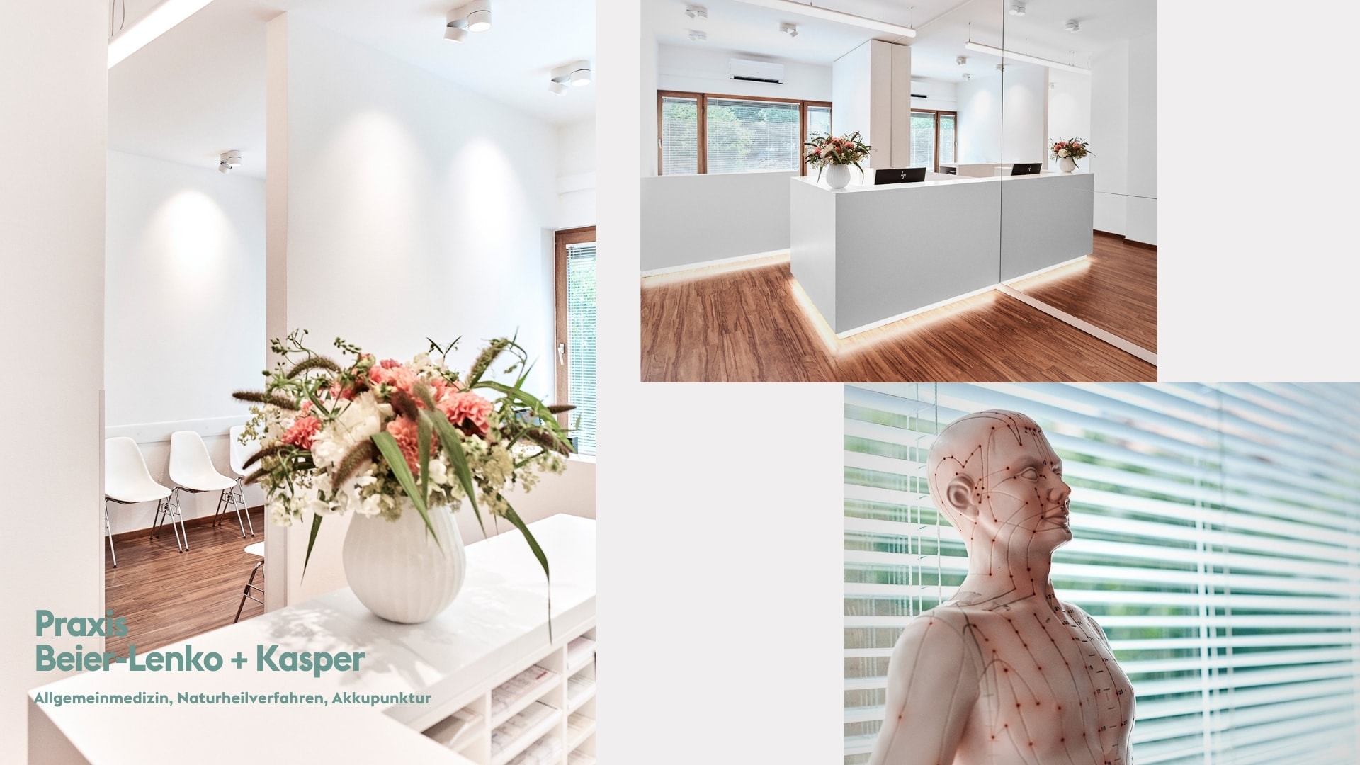 Interior photography collage of Praxis Beier-Lenko + Kasper, showing its bright reception and practice details, photographed by Astrid M. Obert.