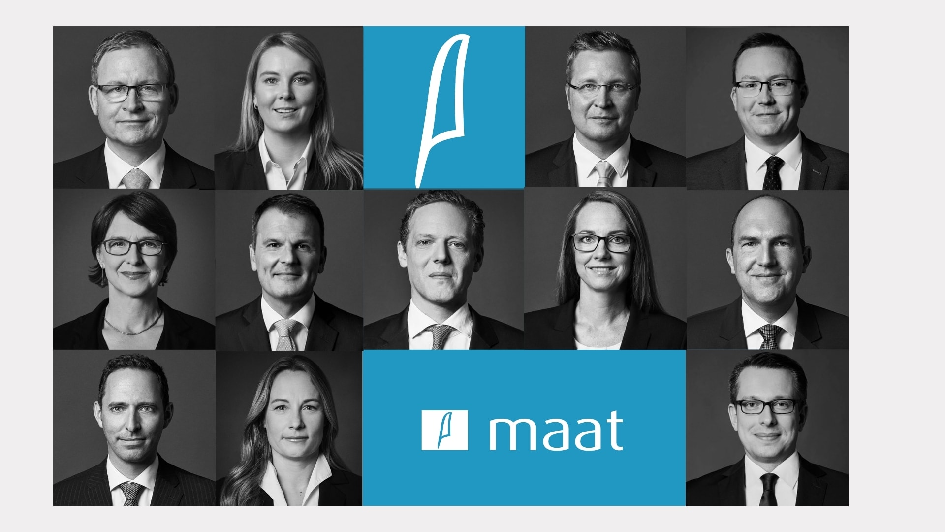 Black-and-white business portrait grid of the MAAT law firm team with turquoise branding, photographed by Astrid M. Obert.