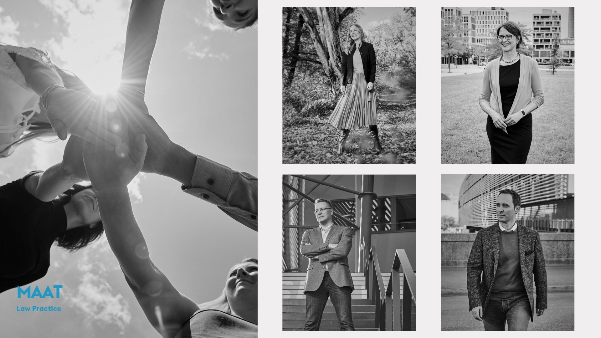 Black-and-white collage from an outdoor business and recruiting and team portrait session with law firm MAAT, photographed by Astrid M. Obert.