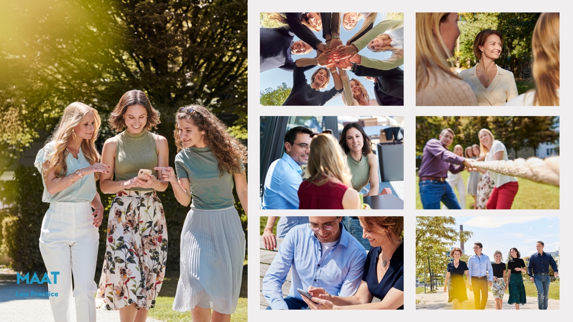 Outdoor corporate photography collage of the MAAT law firm team during conversations and group activities, photographed by Astrid M. Obert.