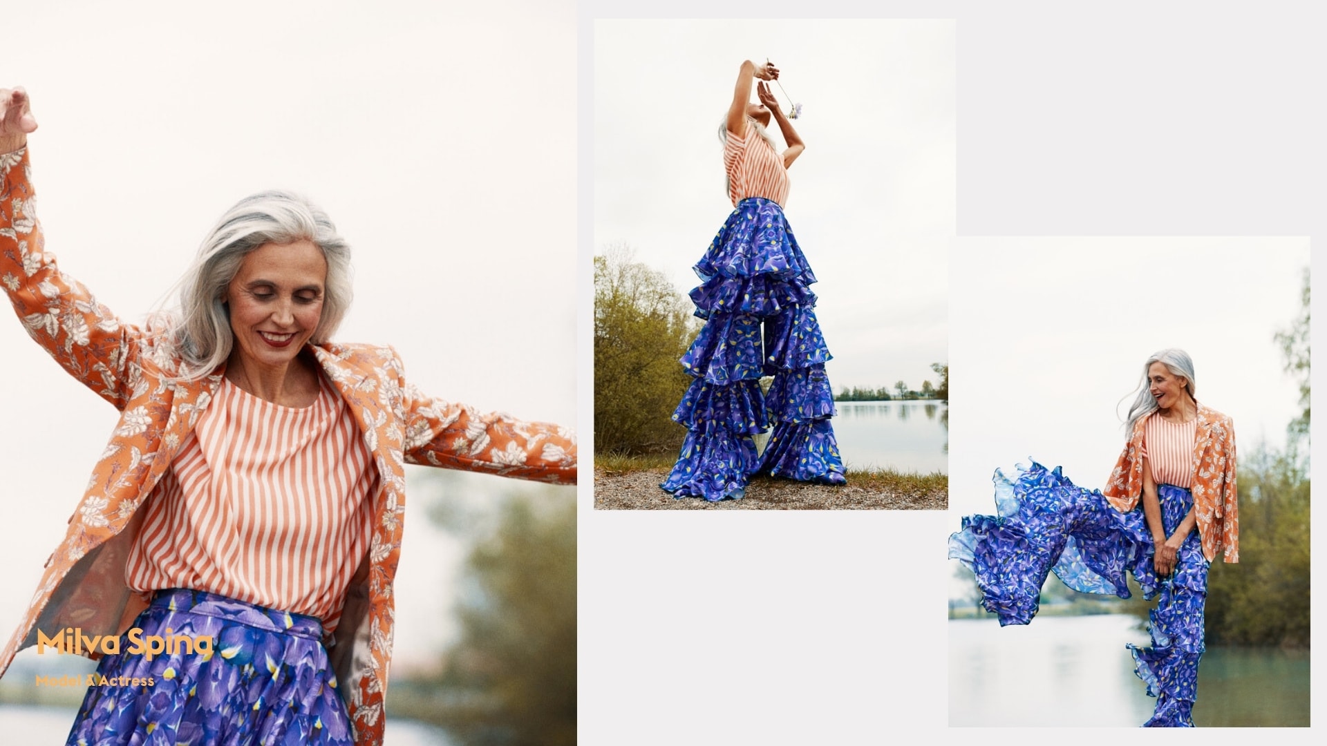 Portrait collage from an outdoor fashion session with model and actress Milva Spina by the water, photographed by Astrid M. Obert.