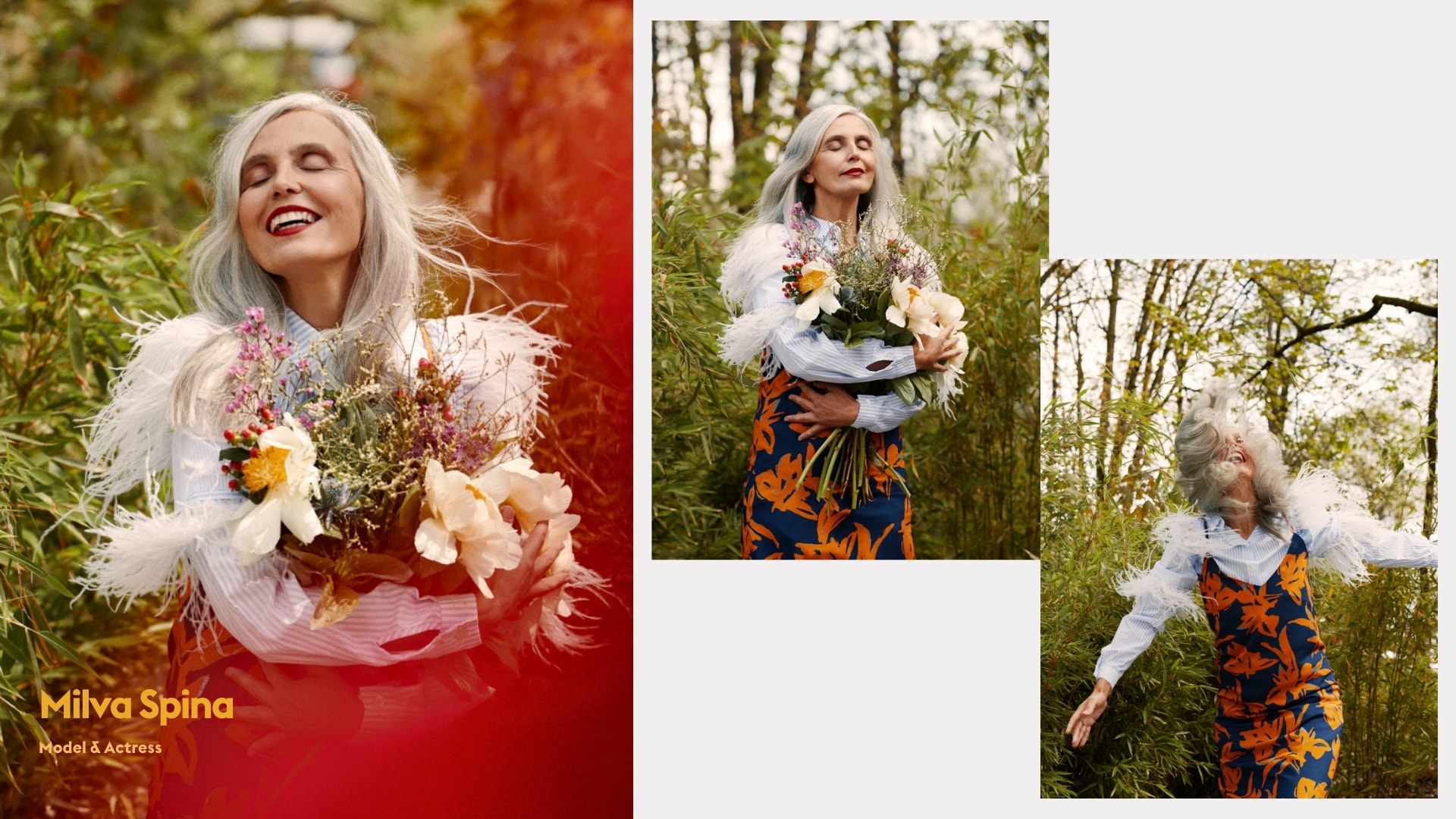 Portrait collage from an outdoor fashion session with model and actress Milva Spina holding flowers among trees, photographed by Astrid M. Obert.